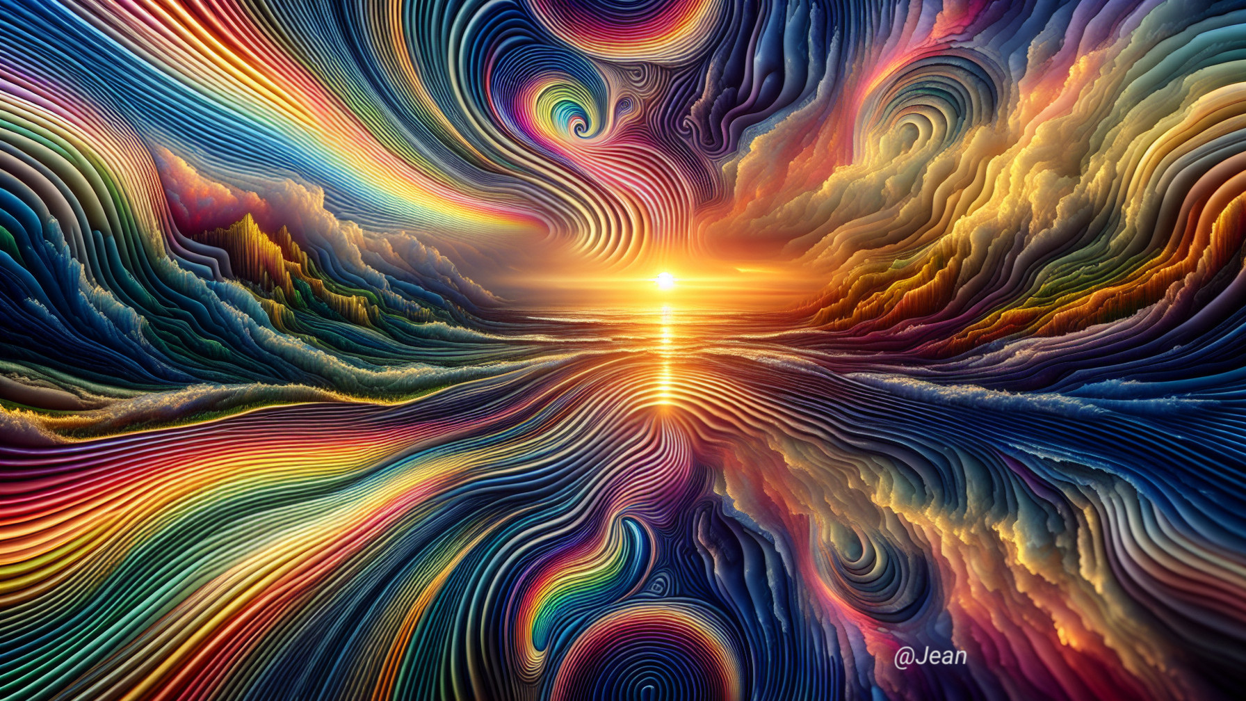 Surreal Landscape with Rainbow Patterns and Sunset