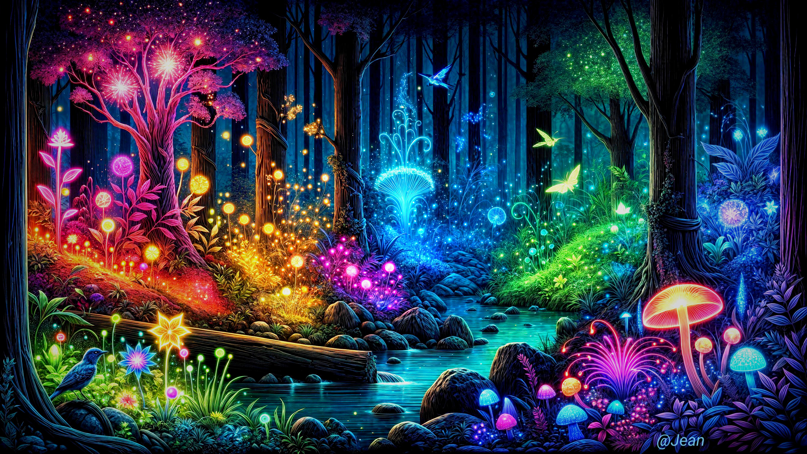 Vibrant Mystical Forest with Bioluminescent Flora