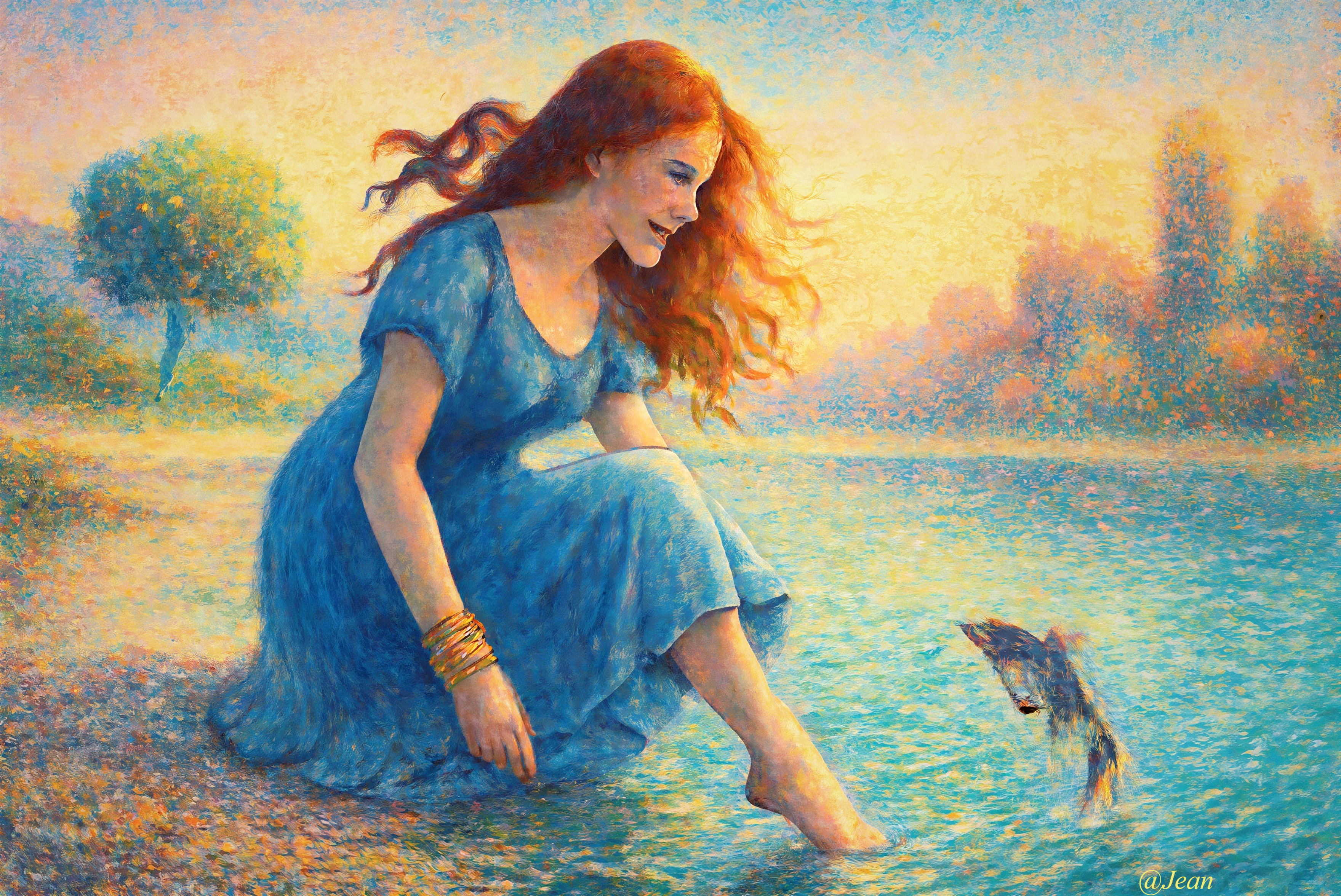 Pointillistic painting of a young woman by water