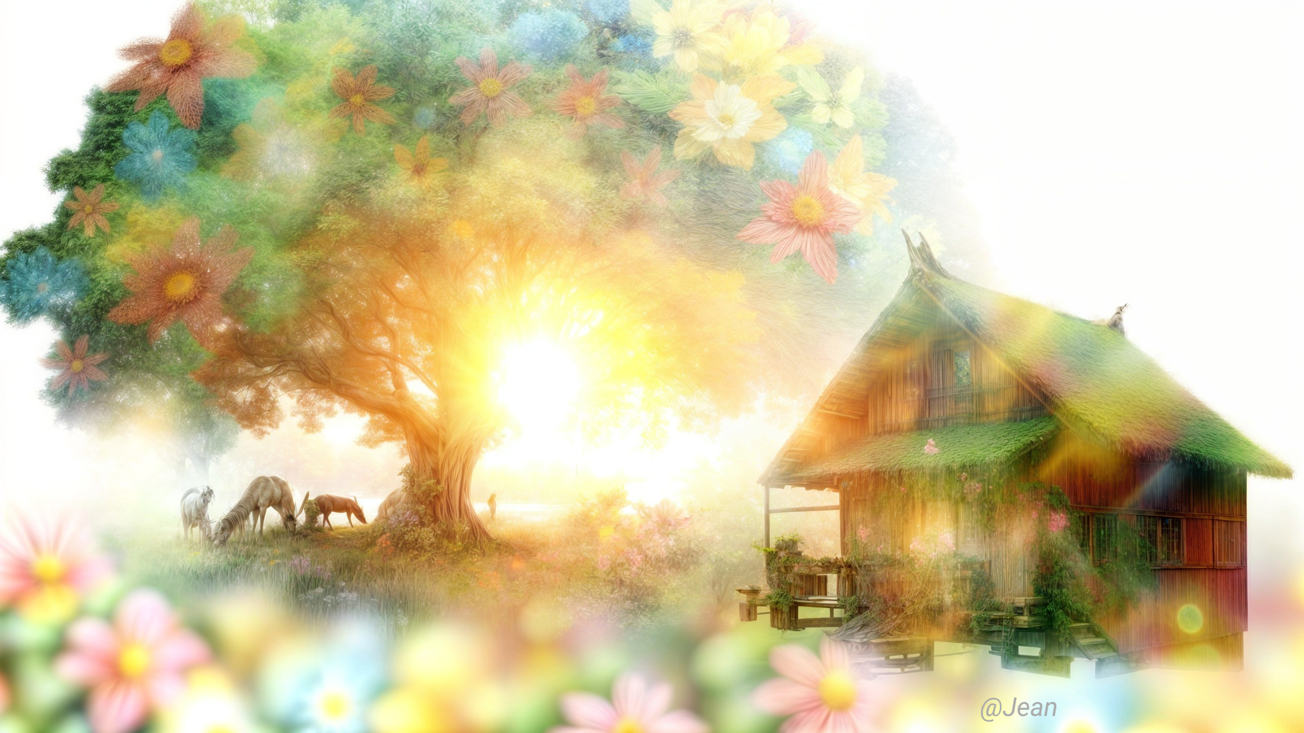 Serene landscape with blooming tree and cottage