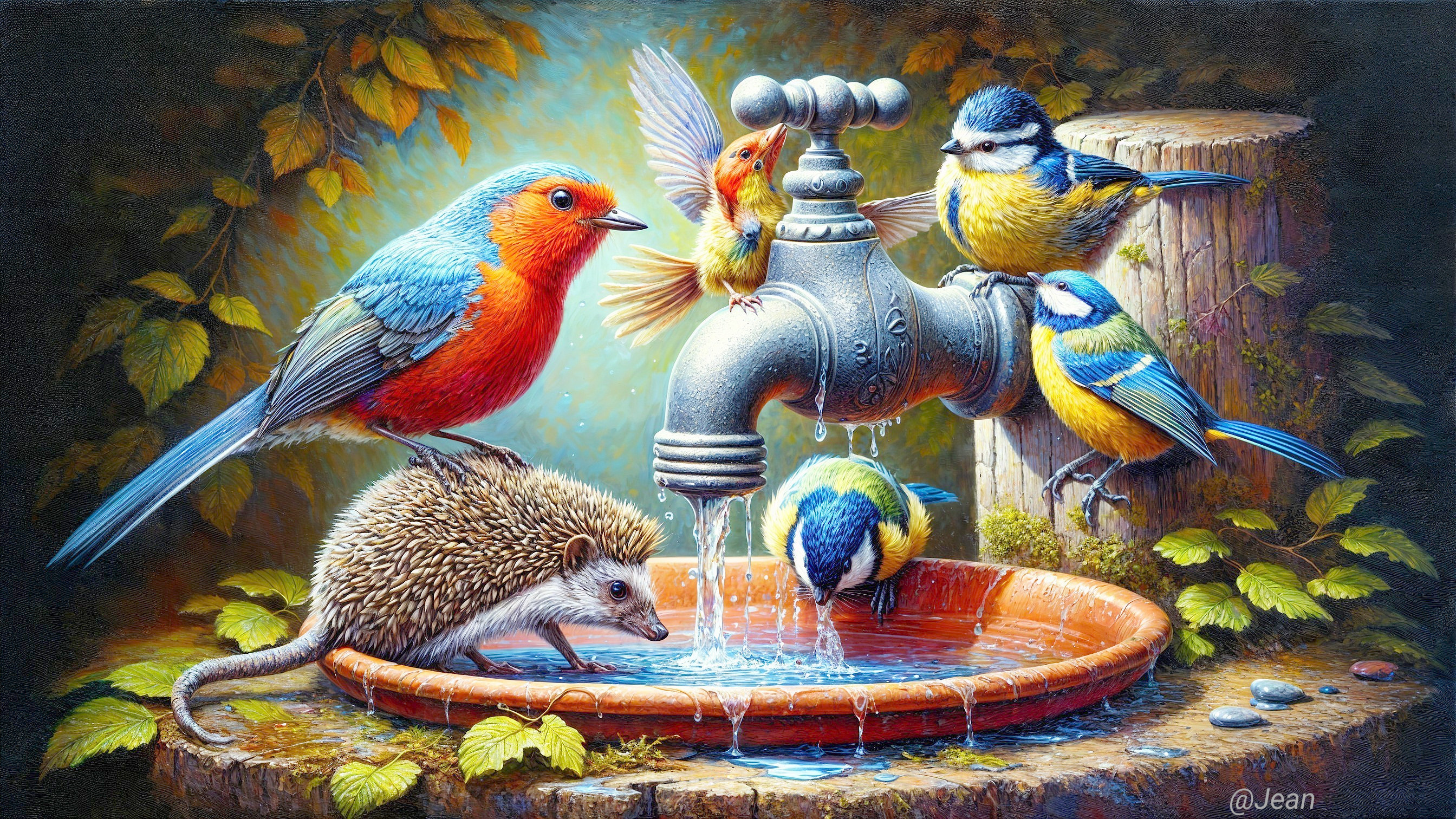 Colorful Birds and Hedgehog by Vintage Water Tap