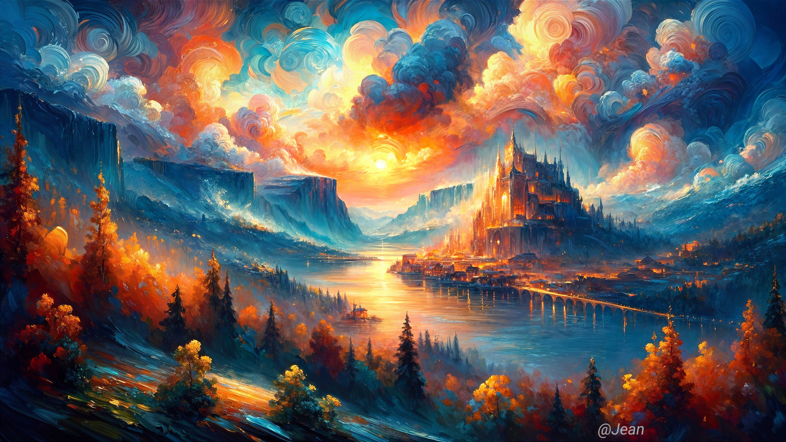 Vibrant Landscape with Castle and Dramatic Sunset