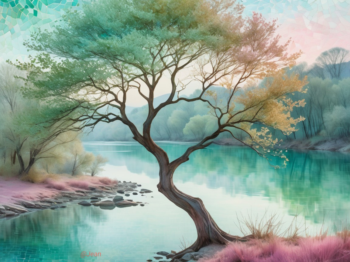 Serene Landscape with Colorful Tree and Calm River