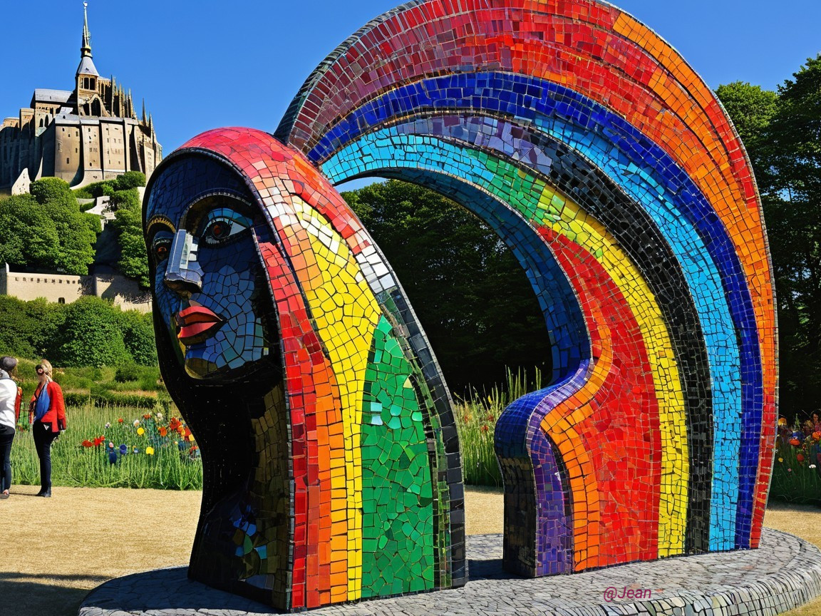 Vibrant Mosaic Sculpture with Rainbow and Historic Background
