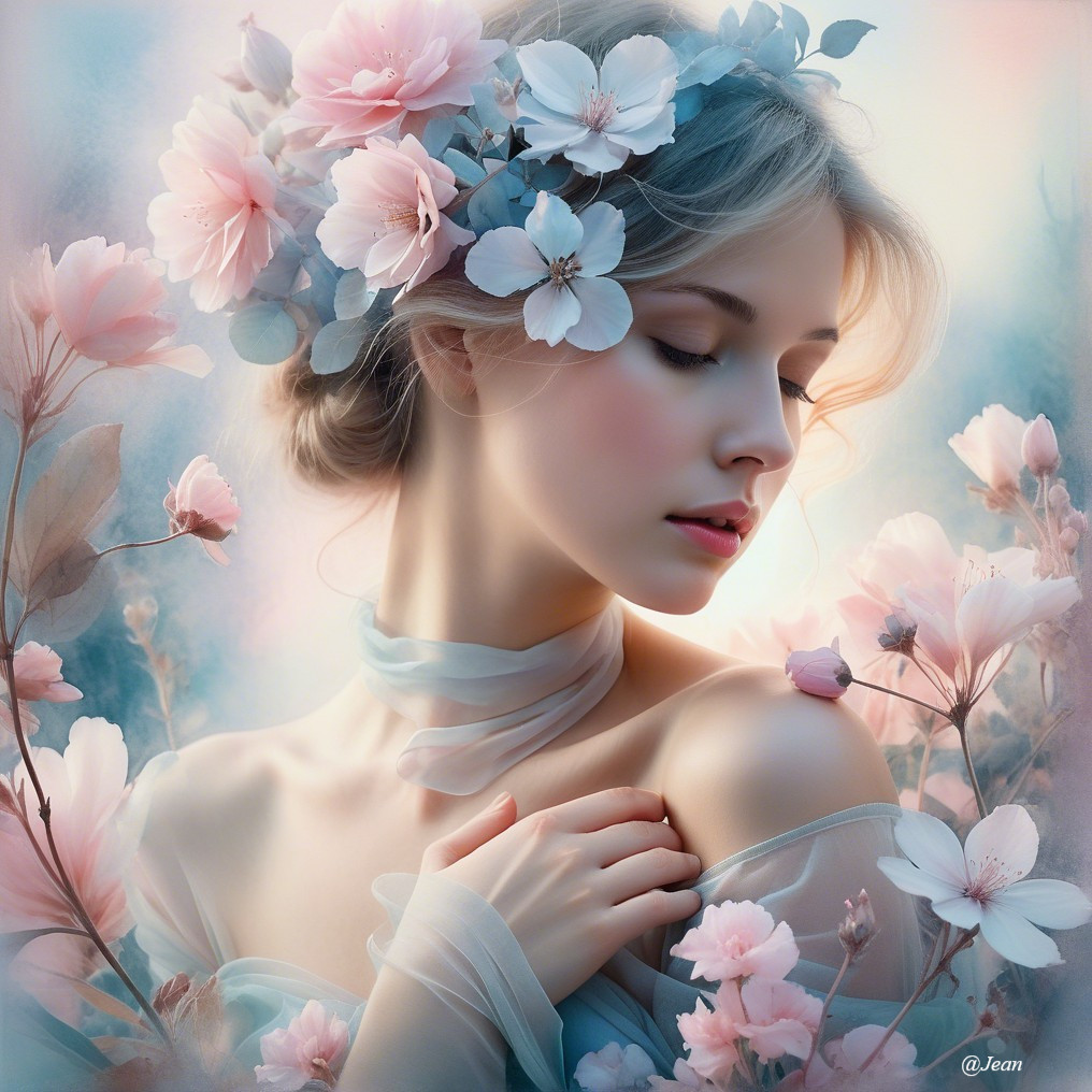 Serene Young Woman Surrounded by Pink Blossoms