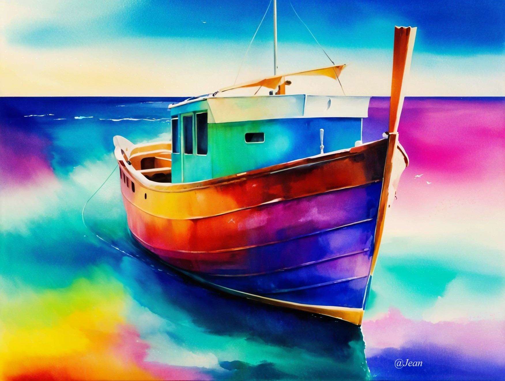 Vibrant Watercolor of Boat in Serene Sea Setting