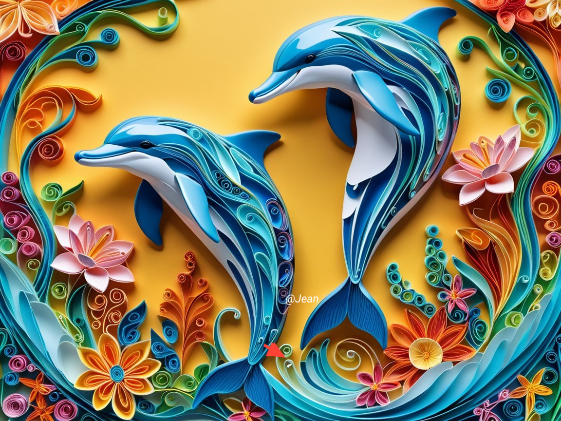Vibrant Paper Quilling Artwork of Dolphins and Waves