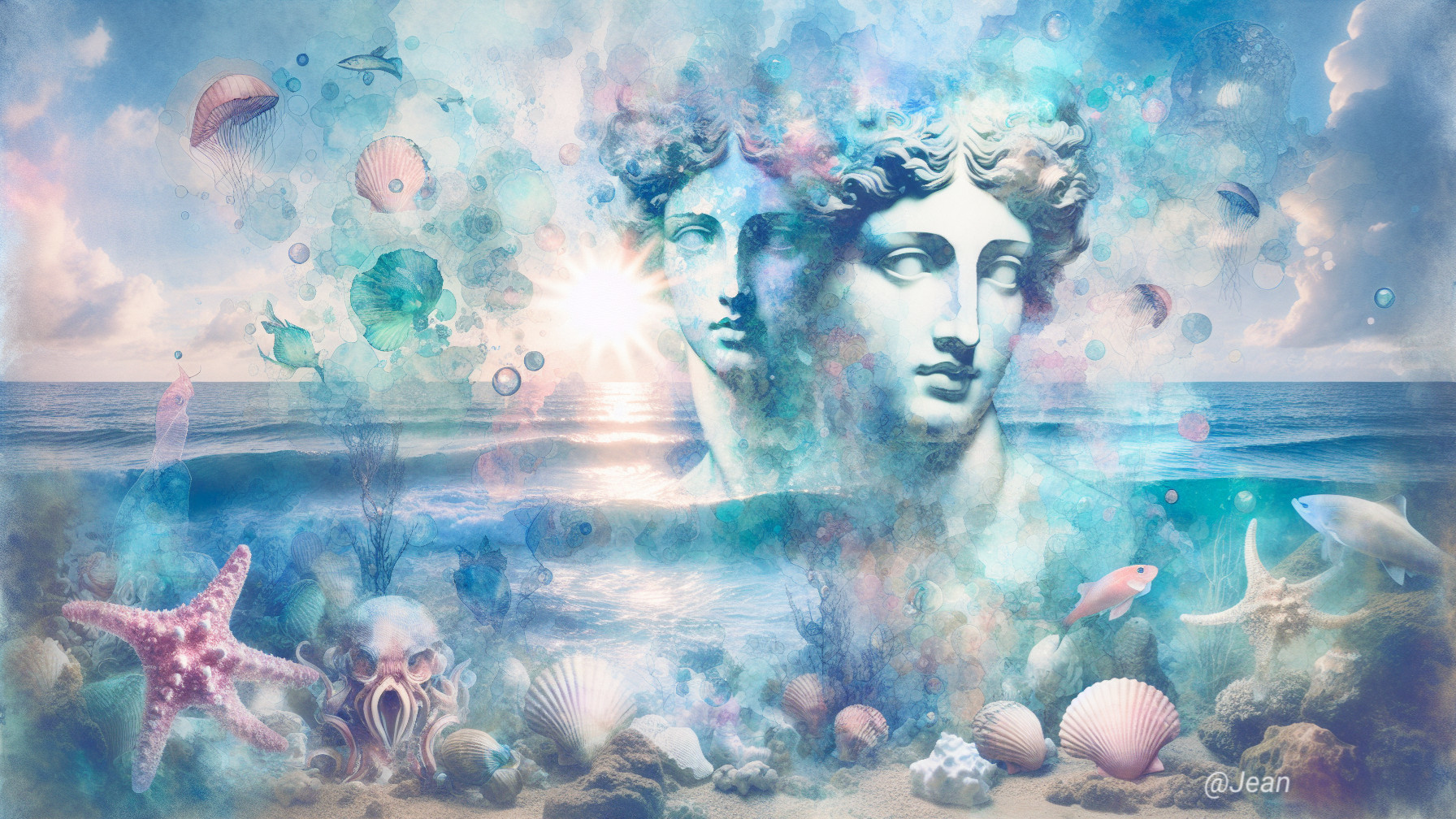 Surreal Underwater Scene with Classical Sculptures