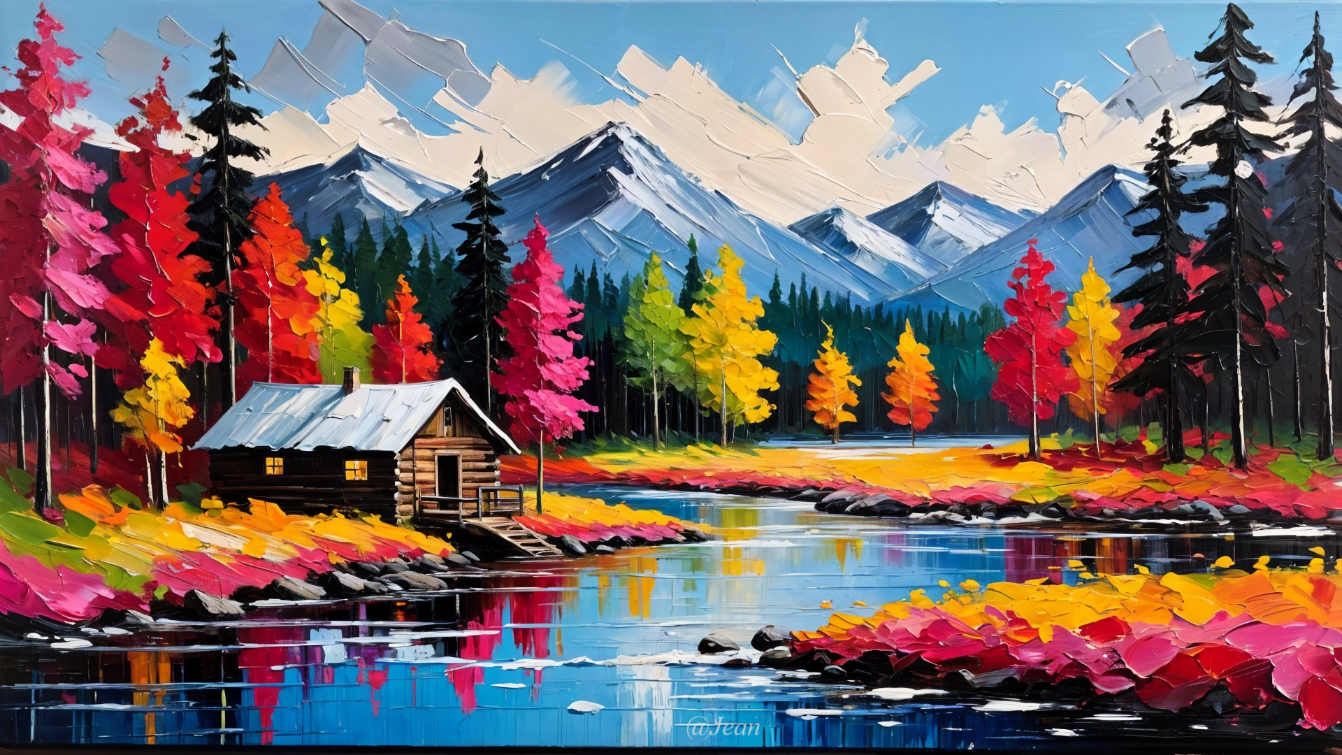 Vibrant Landscape with Cabin by Serene River and Mountains