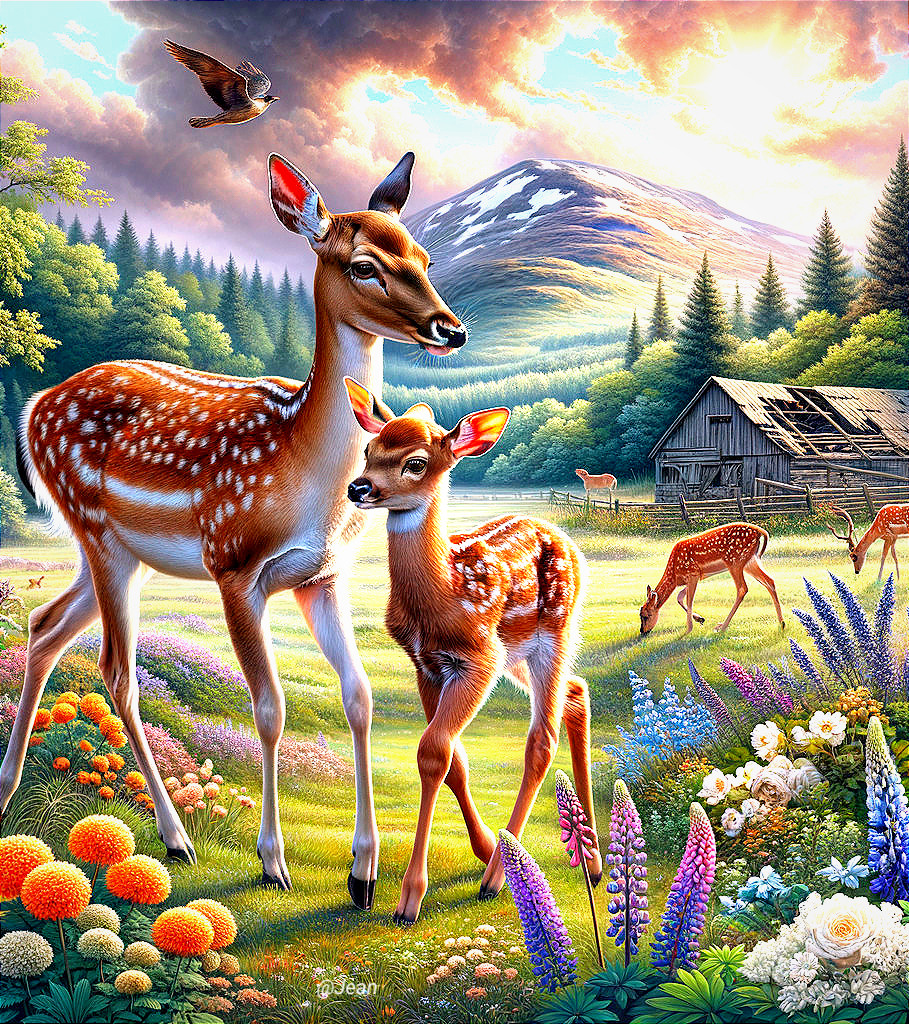 Serene Landscape with Doe, Fawn, and Wildflowers