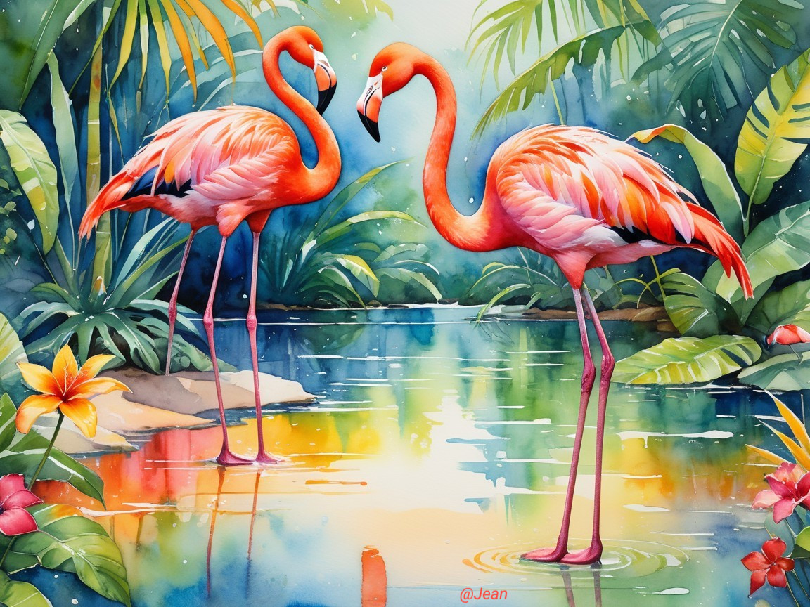 Vibrant Watercolor of Flamingos in Tropical Setting