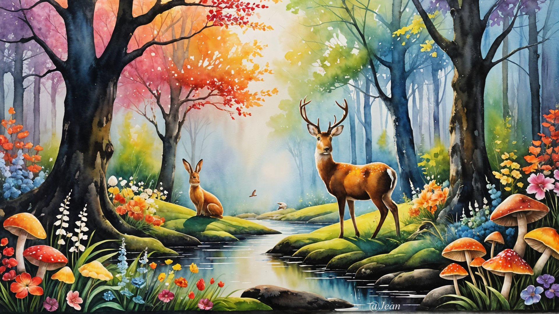 Vibrant Forest Scene with Deer, Rabbit, and Stream