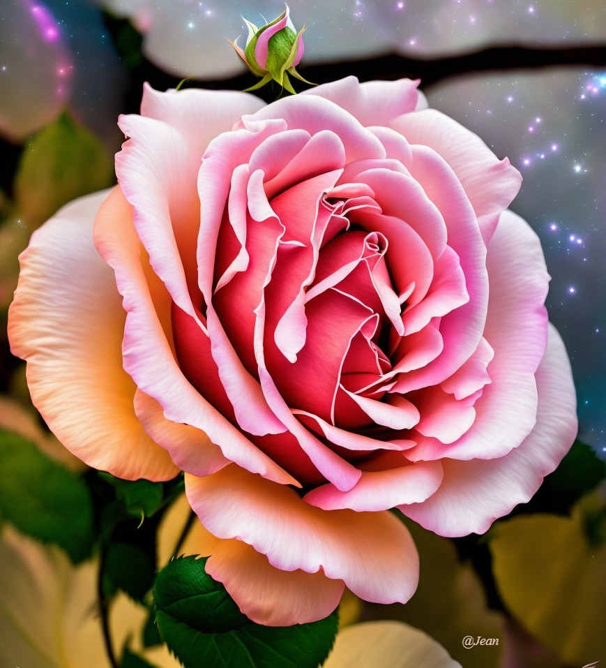 Elegant Pink Rose with Lush Green Leaves and Stars