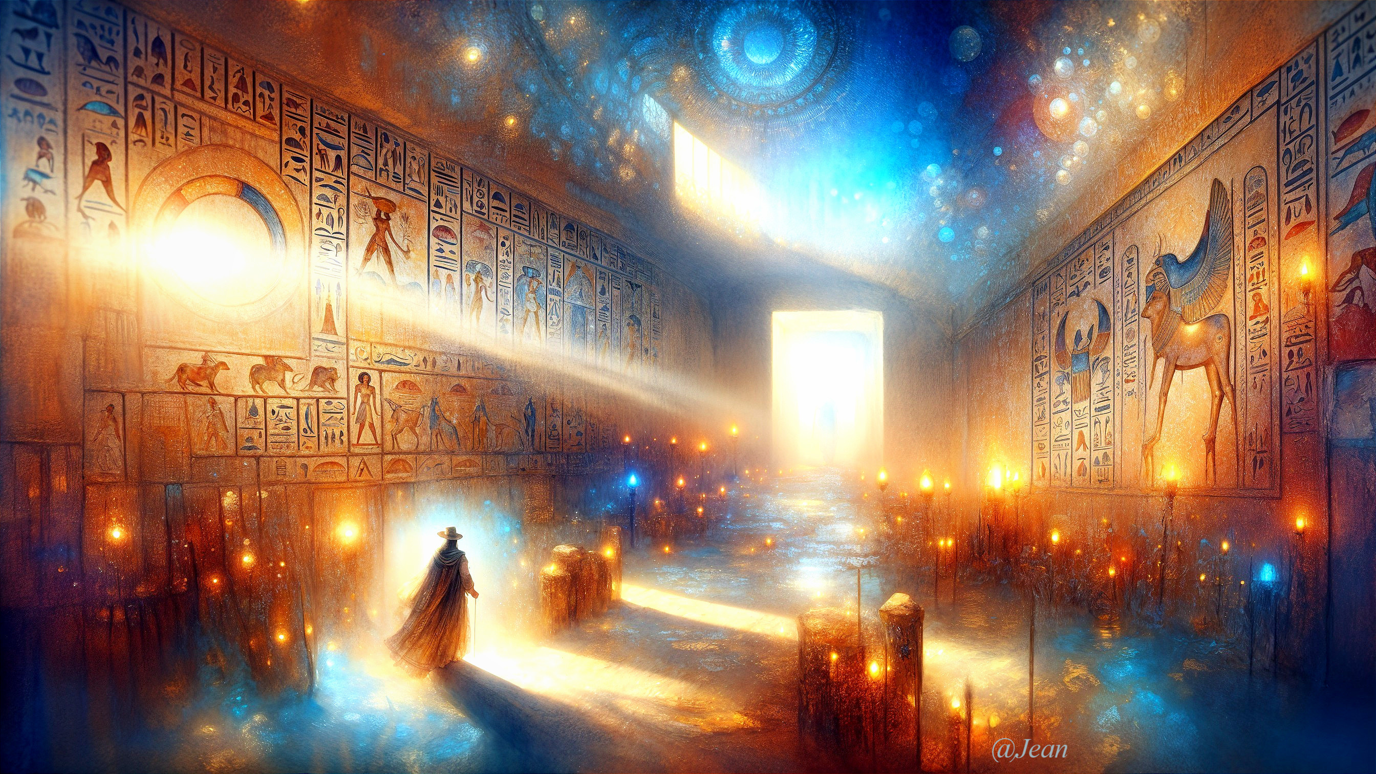 Ancient Egyptian Temple with Ethereal Light and Hieroglyphs
