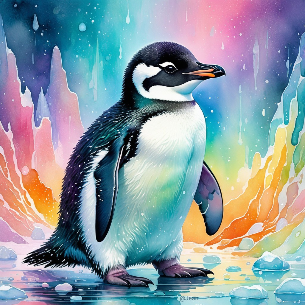 Colorful Illustration of a Penguin in Abstract Background