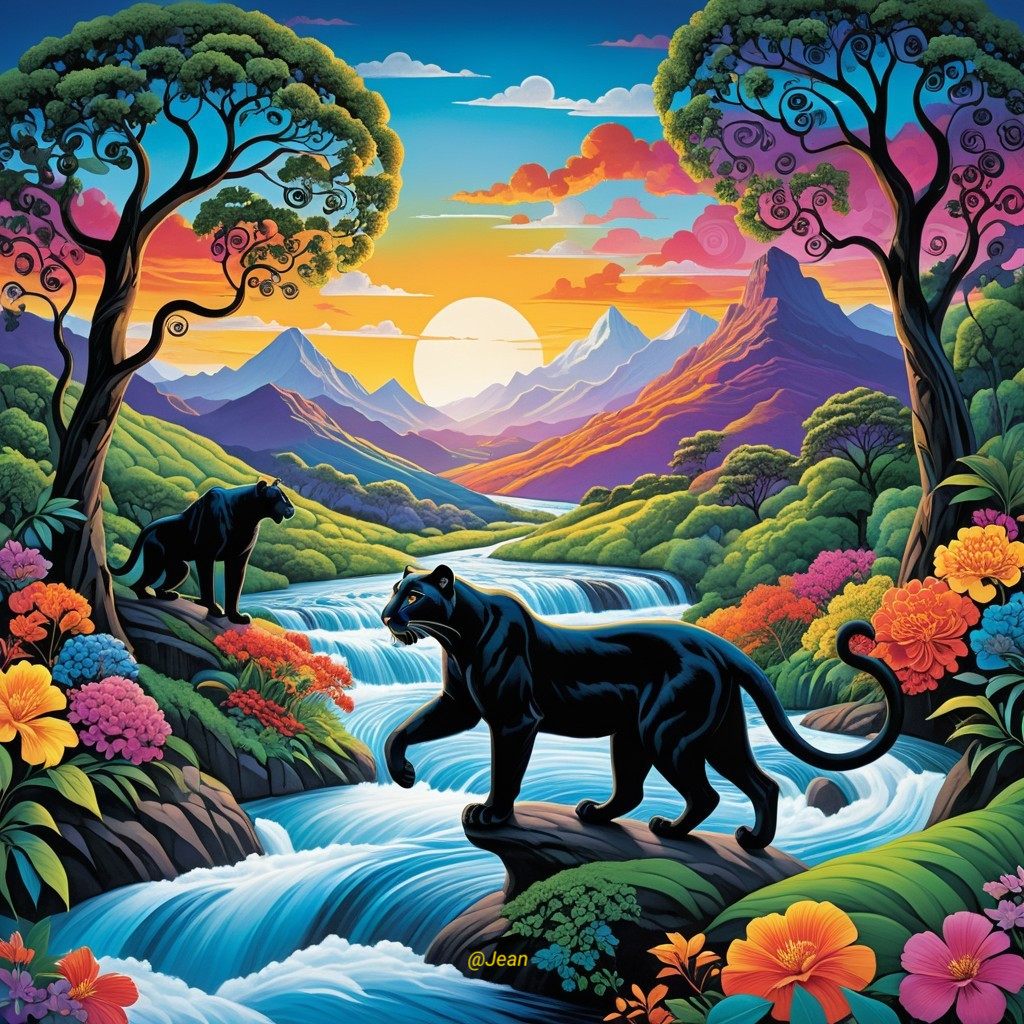 Black Panthers by Waterfall in Vibrant Landscape