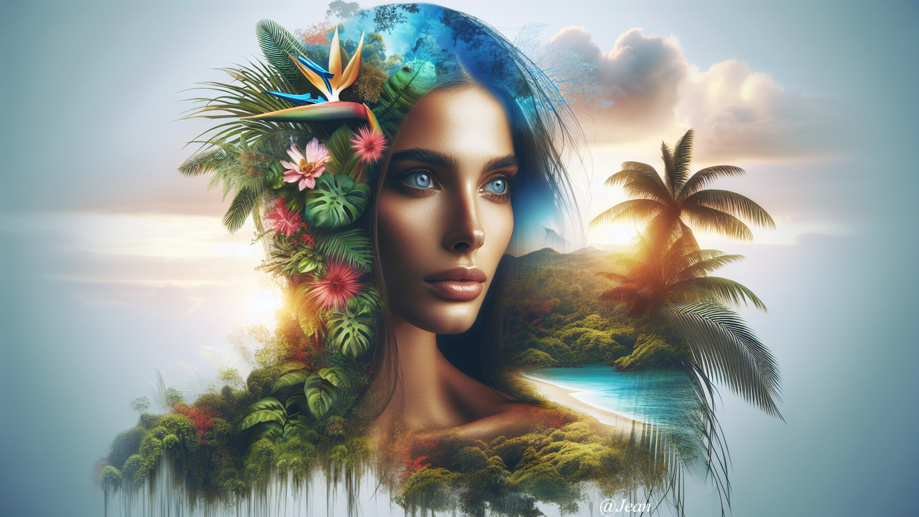 Surreal Portrait of a Woman with Tropical Elements