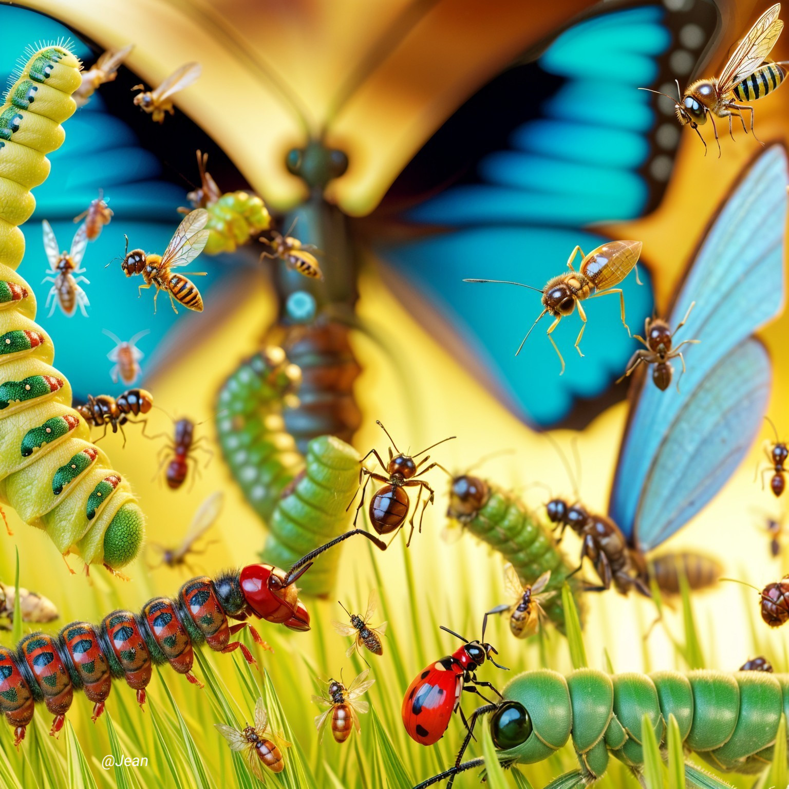 Diverse Insects Among Lush Green Grass Scene