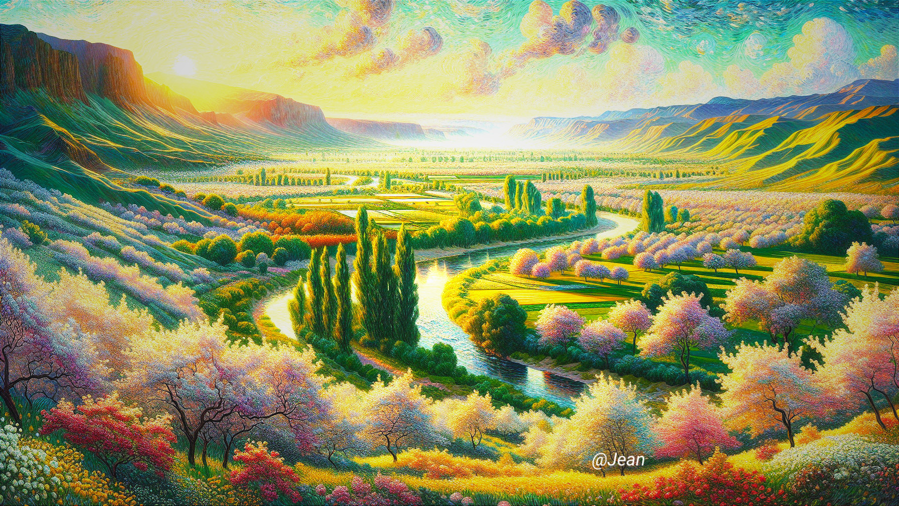 Vibrant Landscape with River and Cherry Blossoms