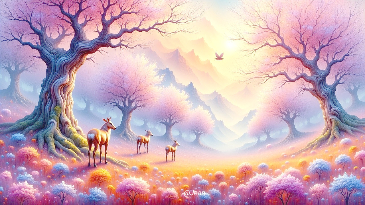 Whimsical Pastel Landscape with Deer and Blossoms
