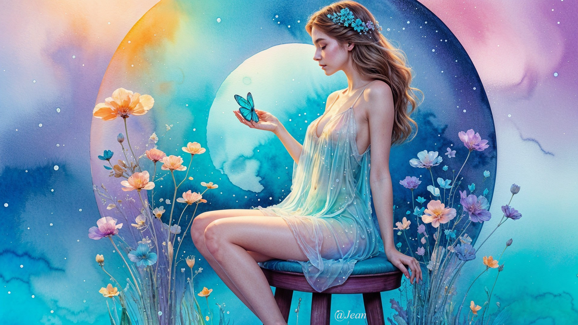 Young Woman with Butterfly Amidst Colorful Flowers