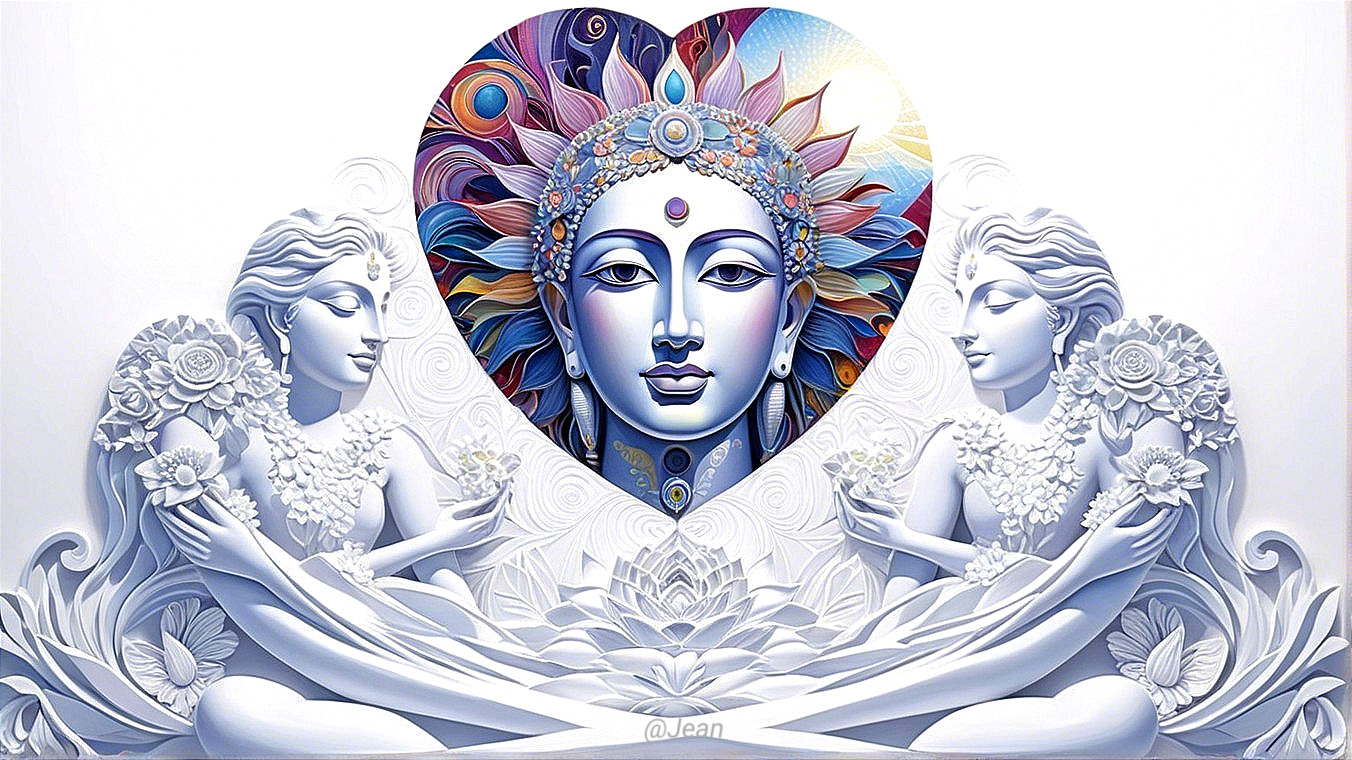 Serene Face Surrounded by Floral Patterns and Sculptures