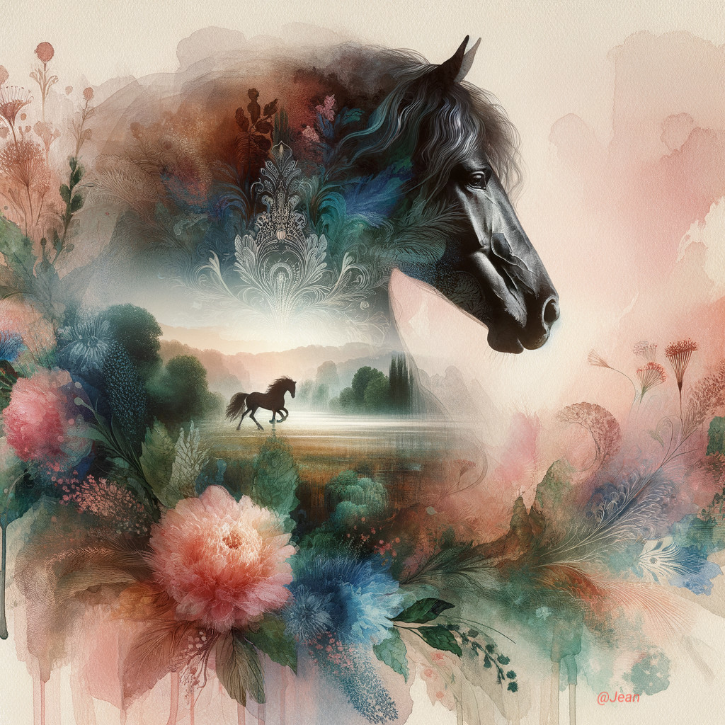 Silhouette of a Black Horse in Pastel Floral Landscape