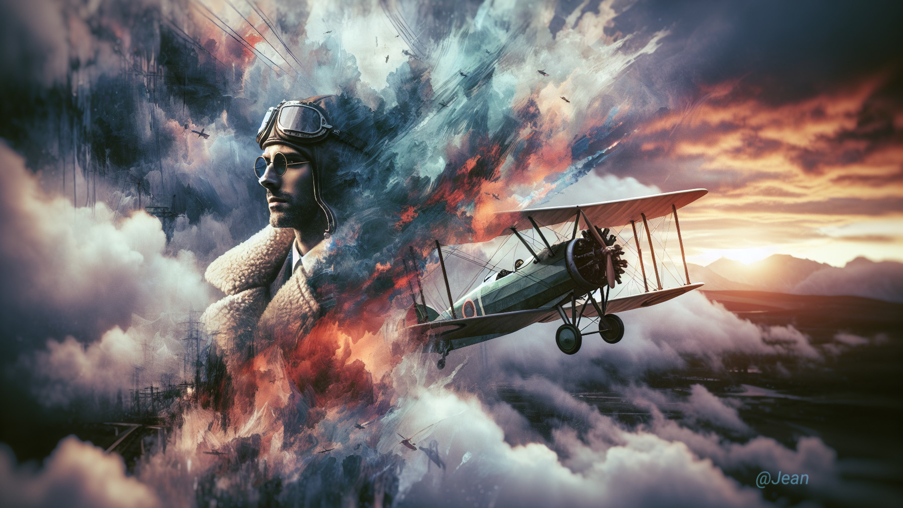 Aviation Imagery with Pilot and Biplane in Clouds