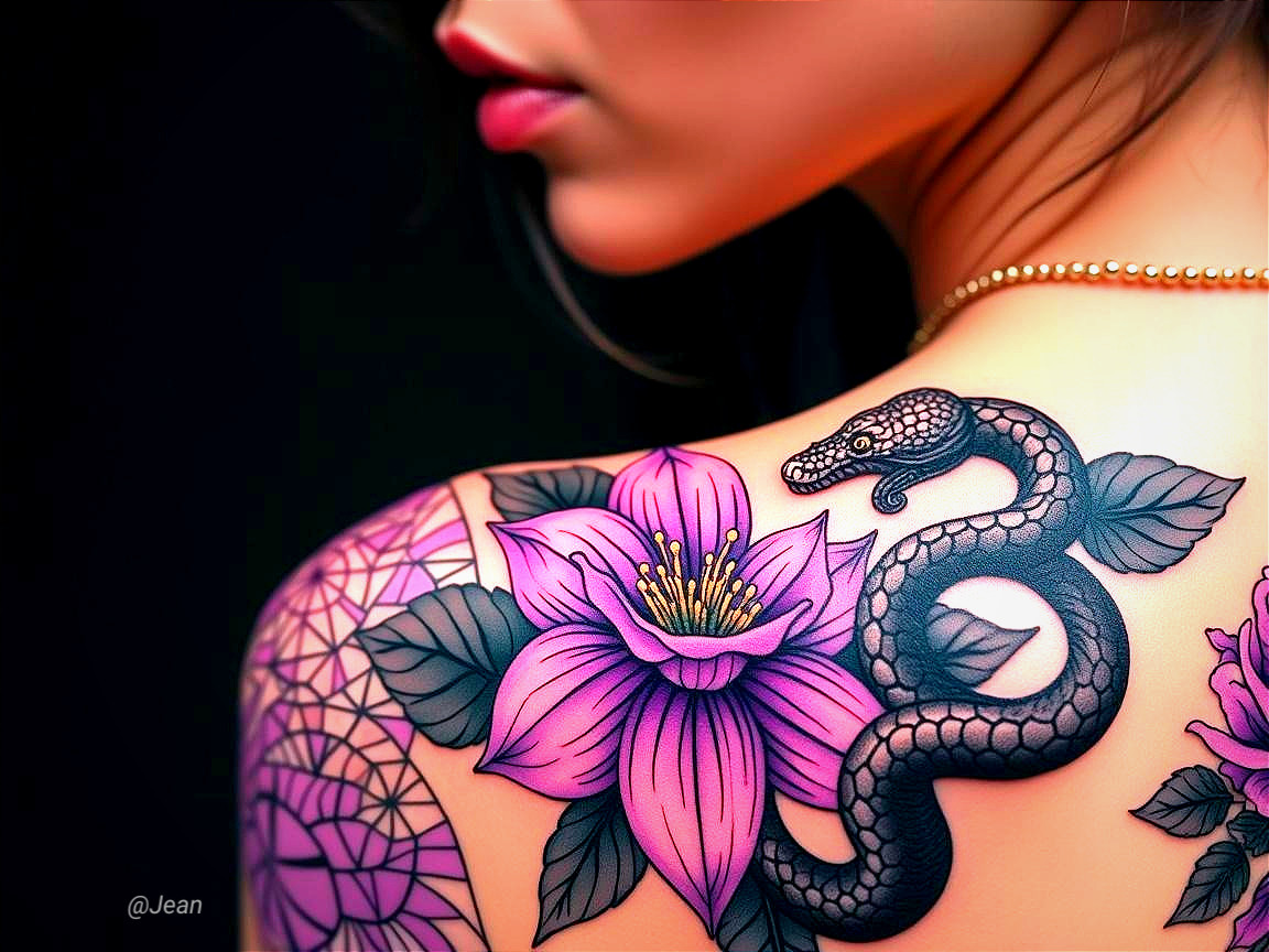 Tattoo Design of Snake and Purple Flowers on Shoulder
