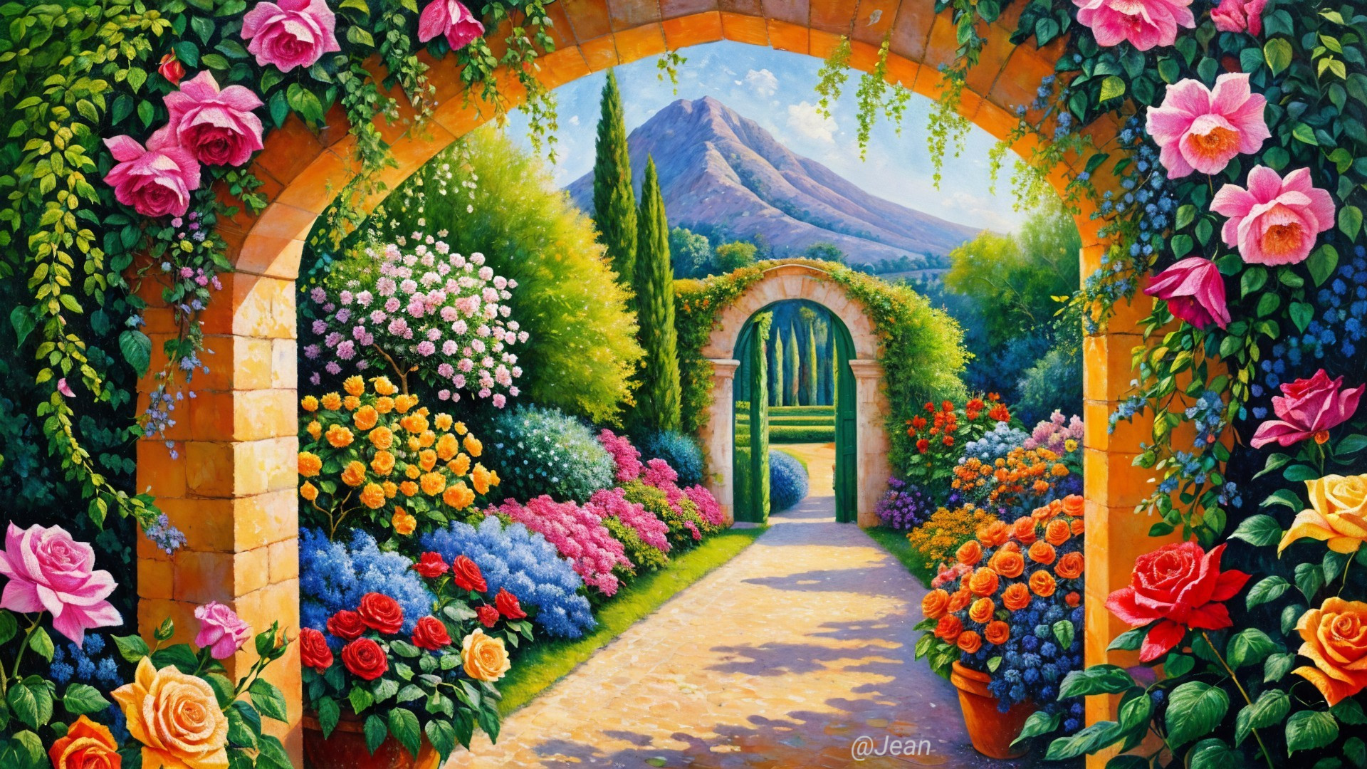Vibrant Garden Scene with Stone Arch and Mountains