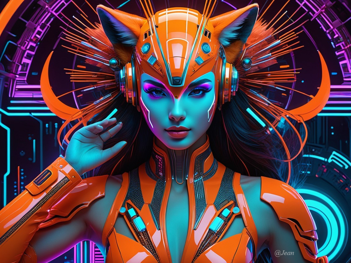Futuristic Character with Blue Skin and High-Tech Background