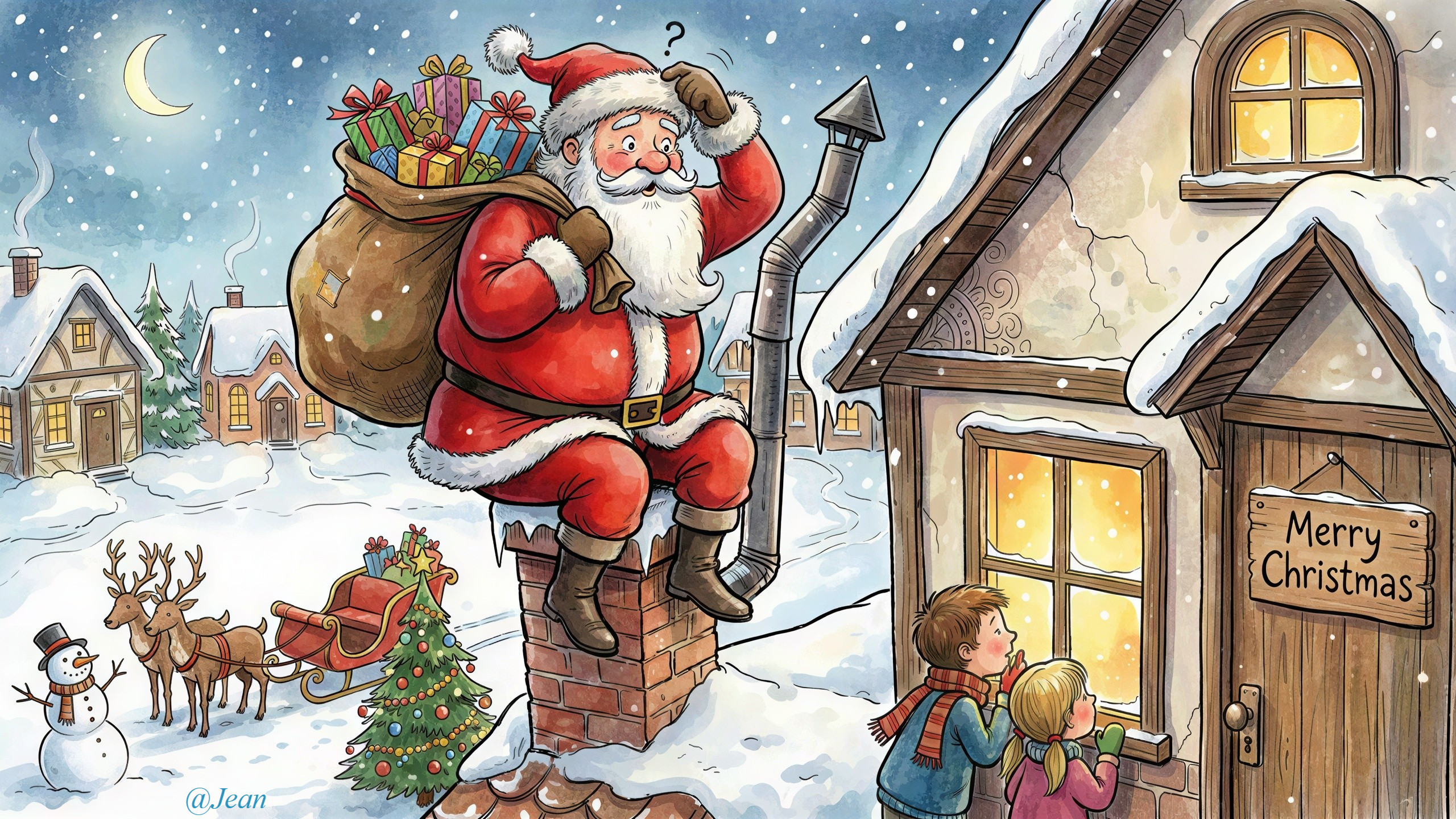 Whimsical Christmas Scene with Santa on Chimney