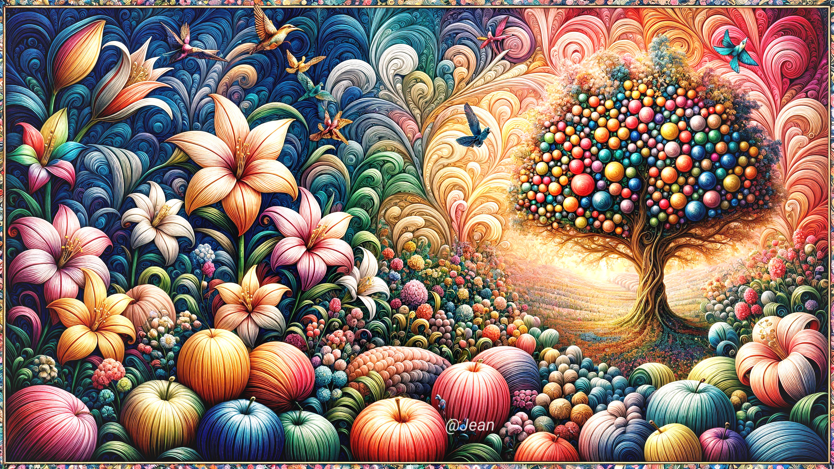 Vibrant Swirling Landscape with Whimsical Tree and Birds
