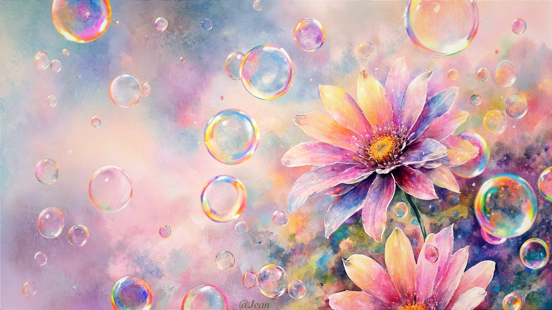 Vibrant Floral Composition with Pastel Bubbles