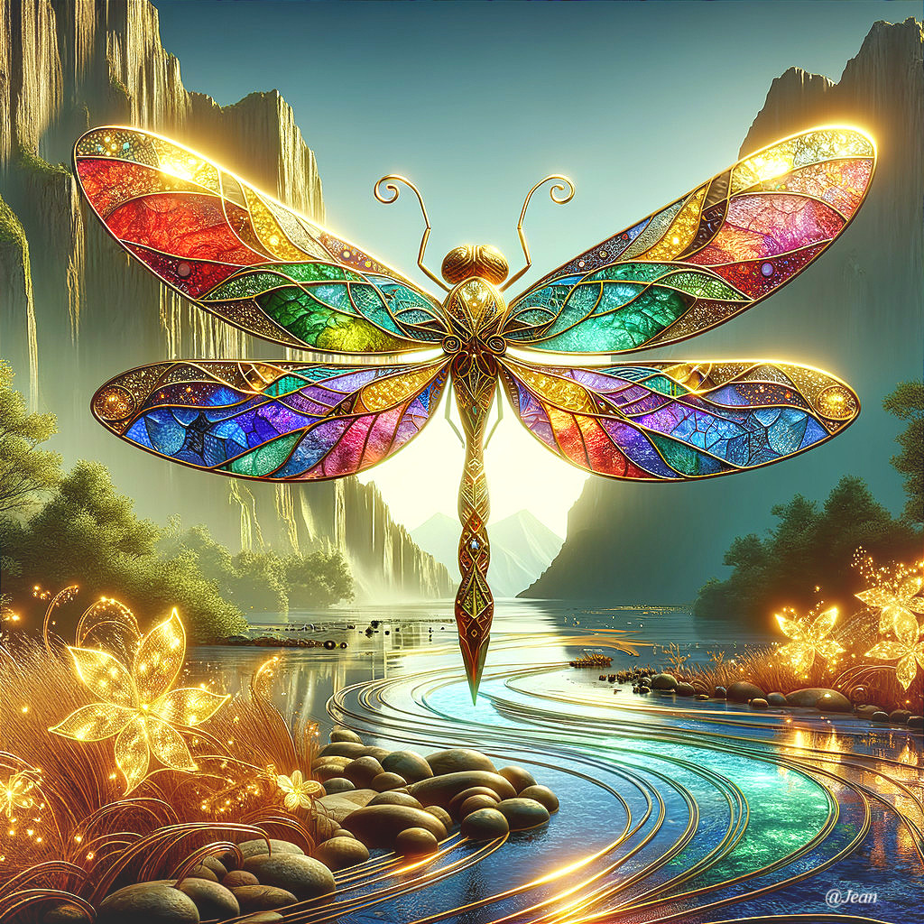 Dragonfly Over Serene River with Vibrant Wings