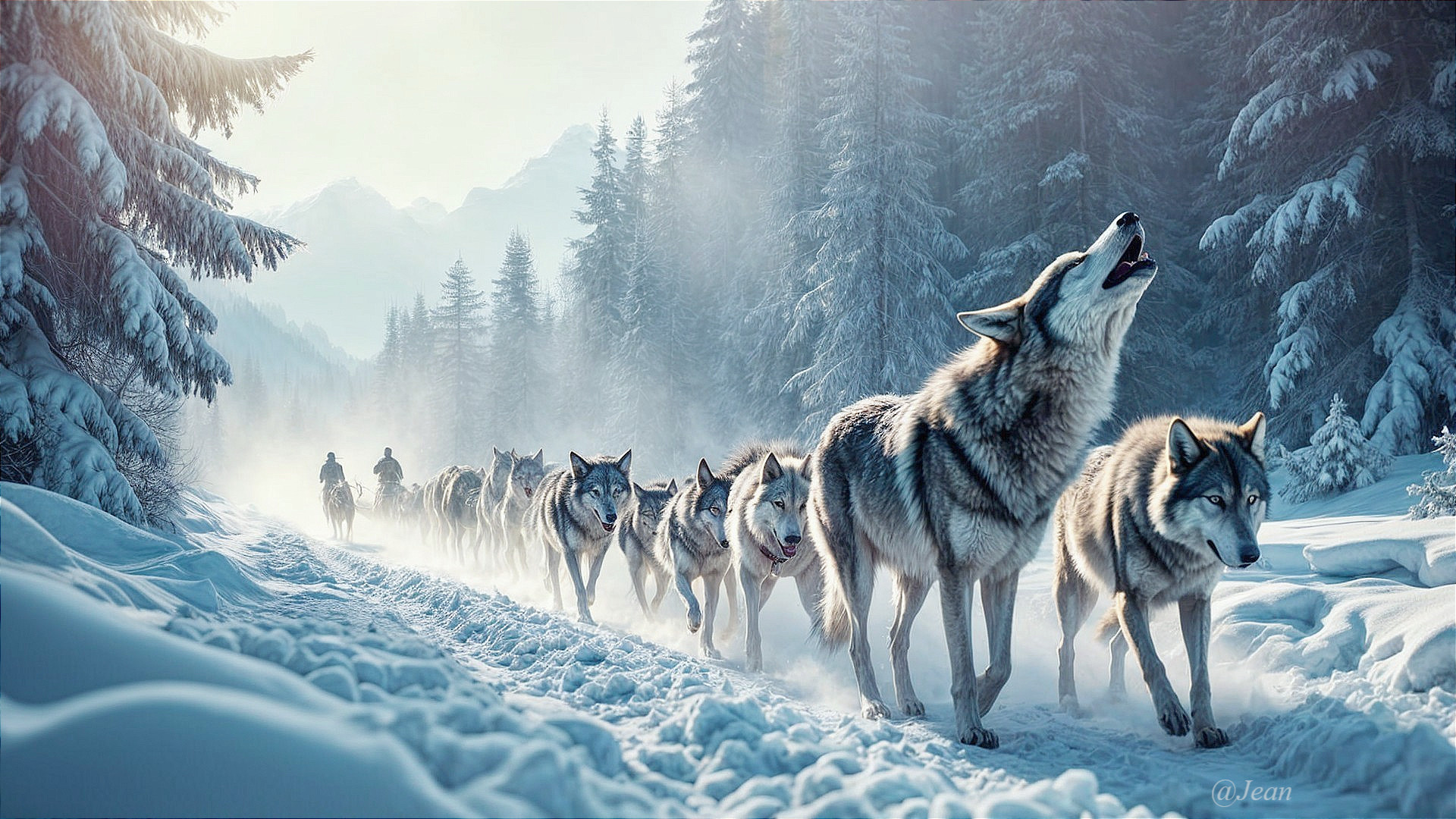 Wolves in Snowy Landscape with Horseback Silhouette
