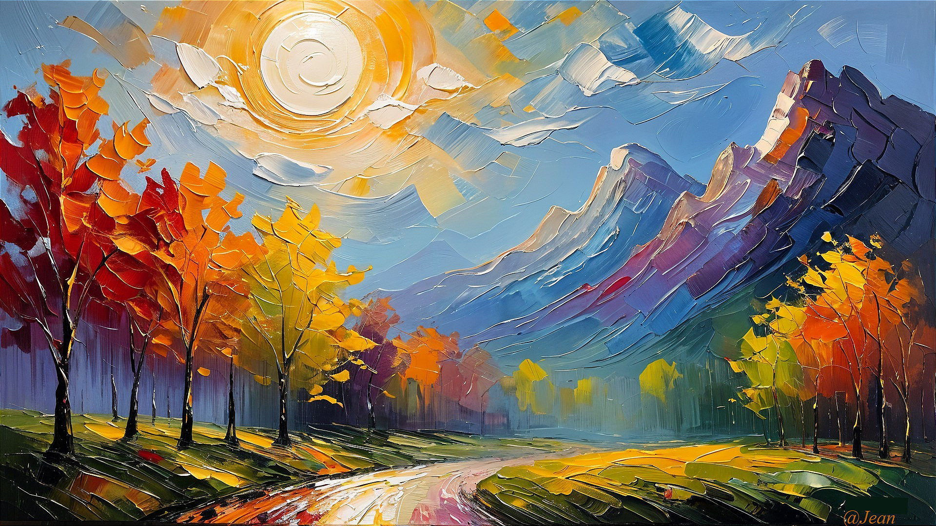 Vibrant Autumn Landscape with River and Mountains