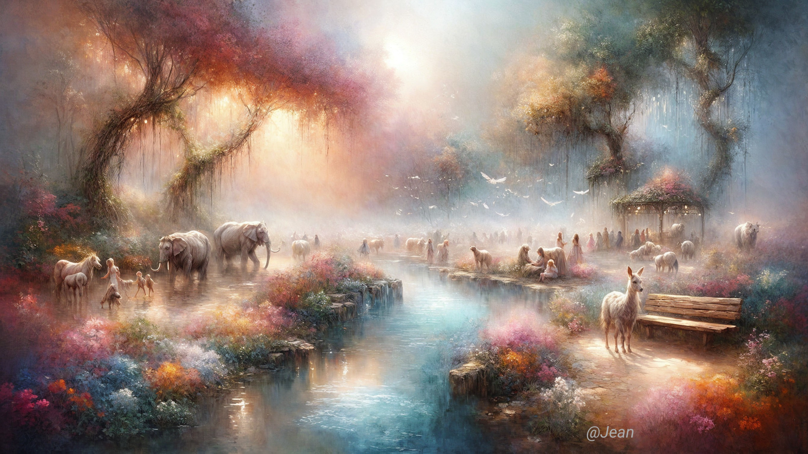 Serene Dreamlike Landscape with Elephants and Deer