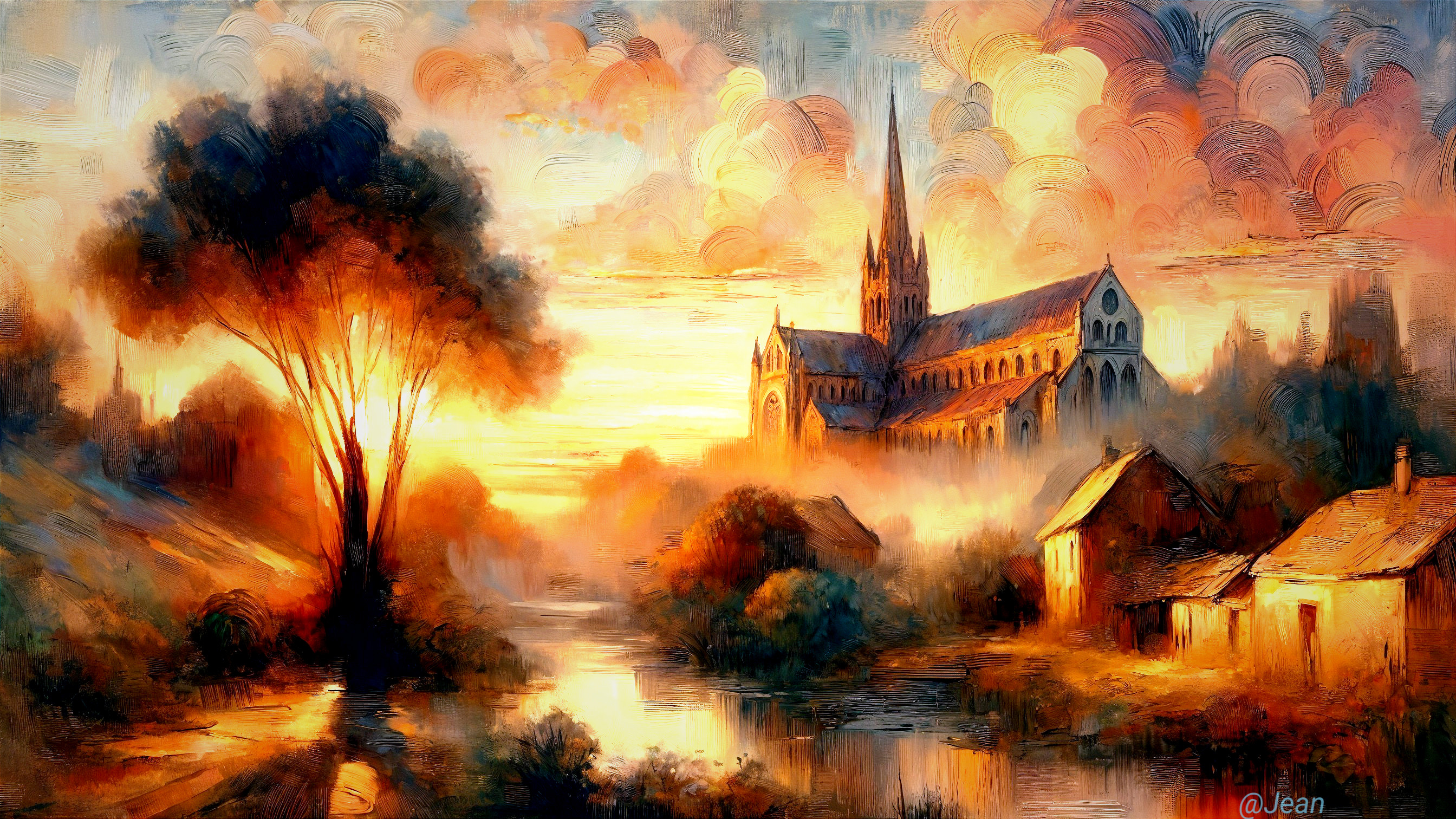 Serene Sunset Landscape with Church and River Reflection