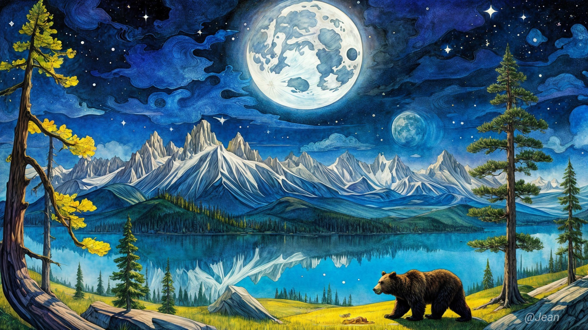 Majestic Bear by Tranquil Lake Under Full Moon