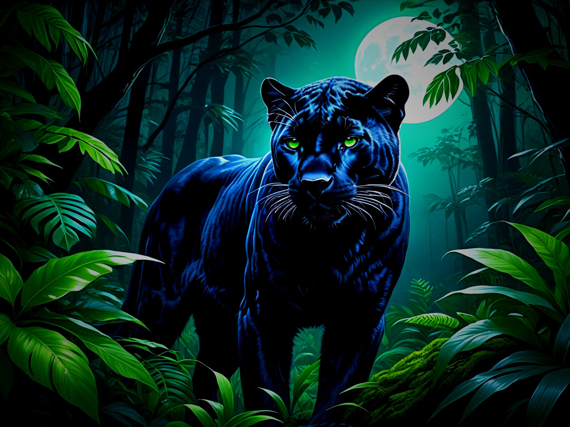 Black Panther in Lush Jungle Under Moonlight