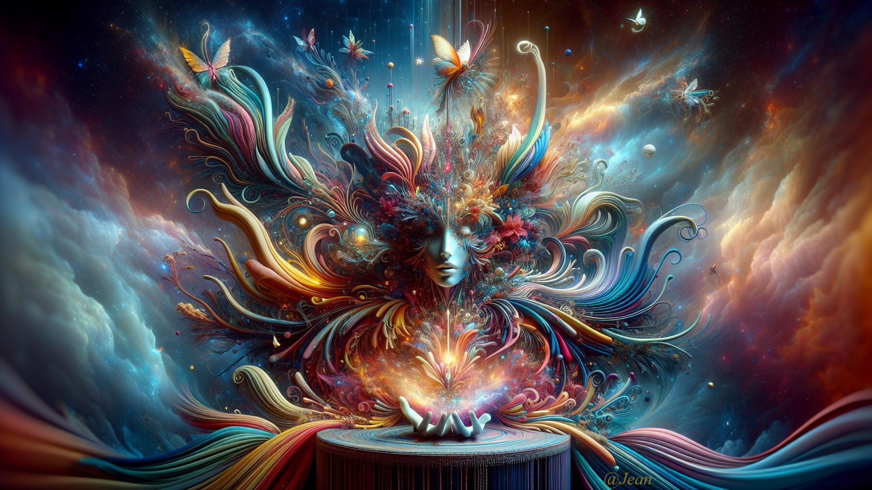 Surreal Artwork with Serene Figure and Cosmic Elements