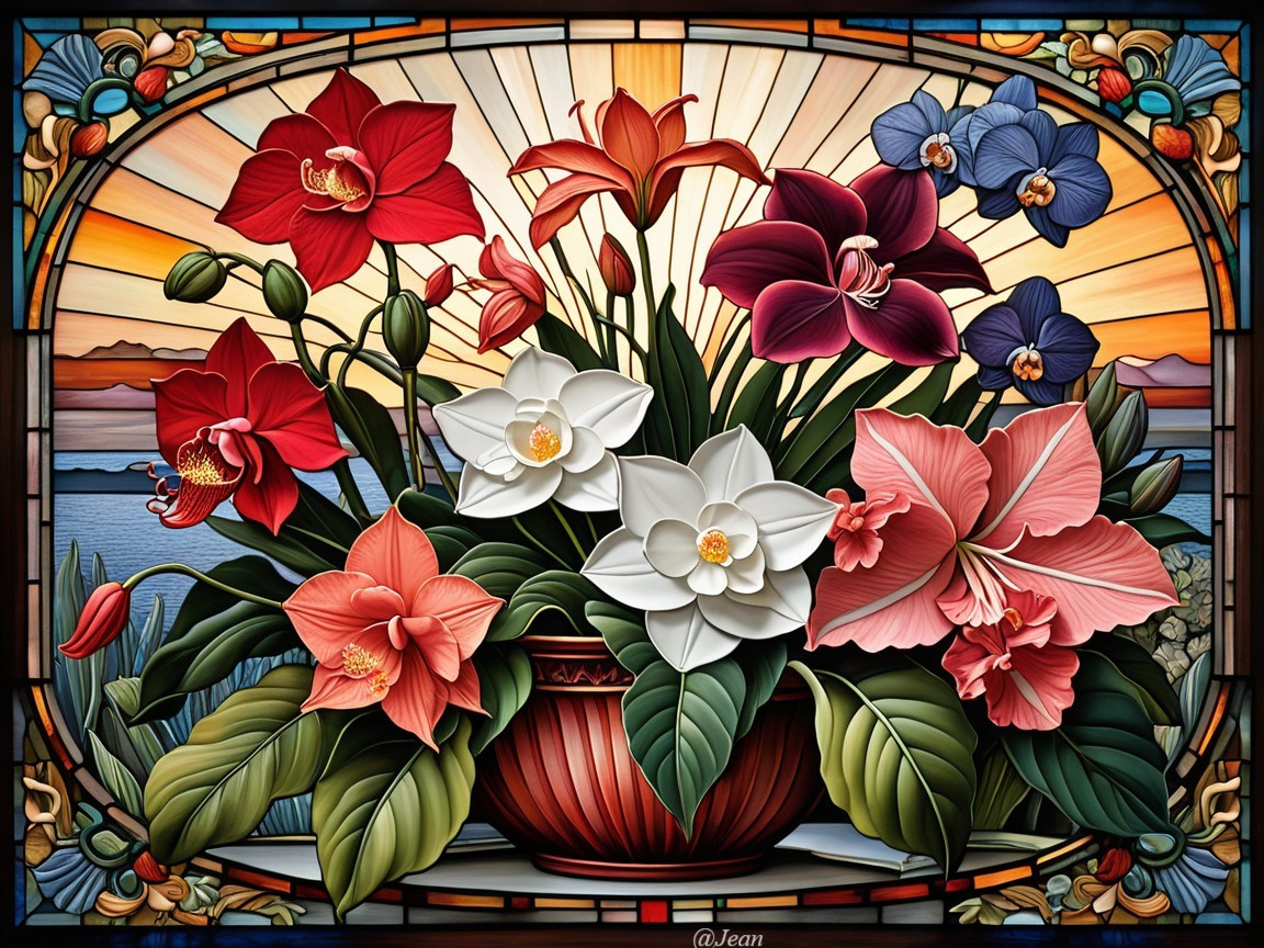 Vibrant Stained Glass Floral Arrangement with Orchids