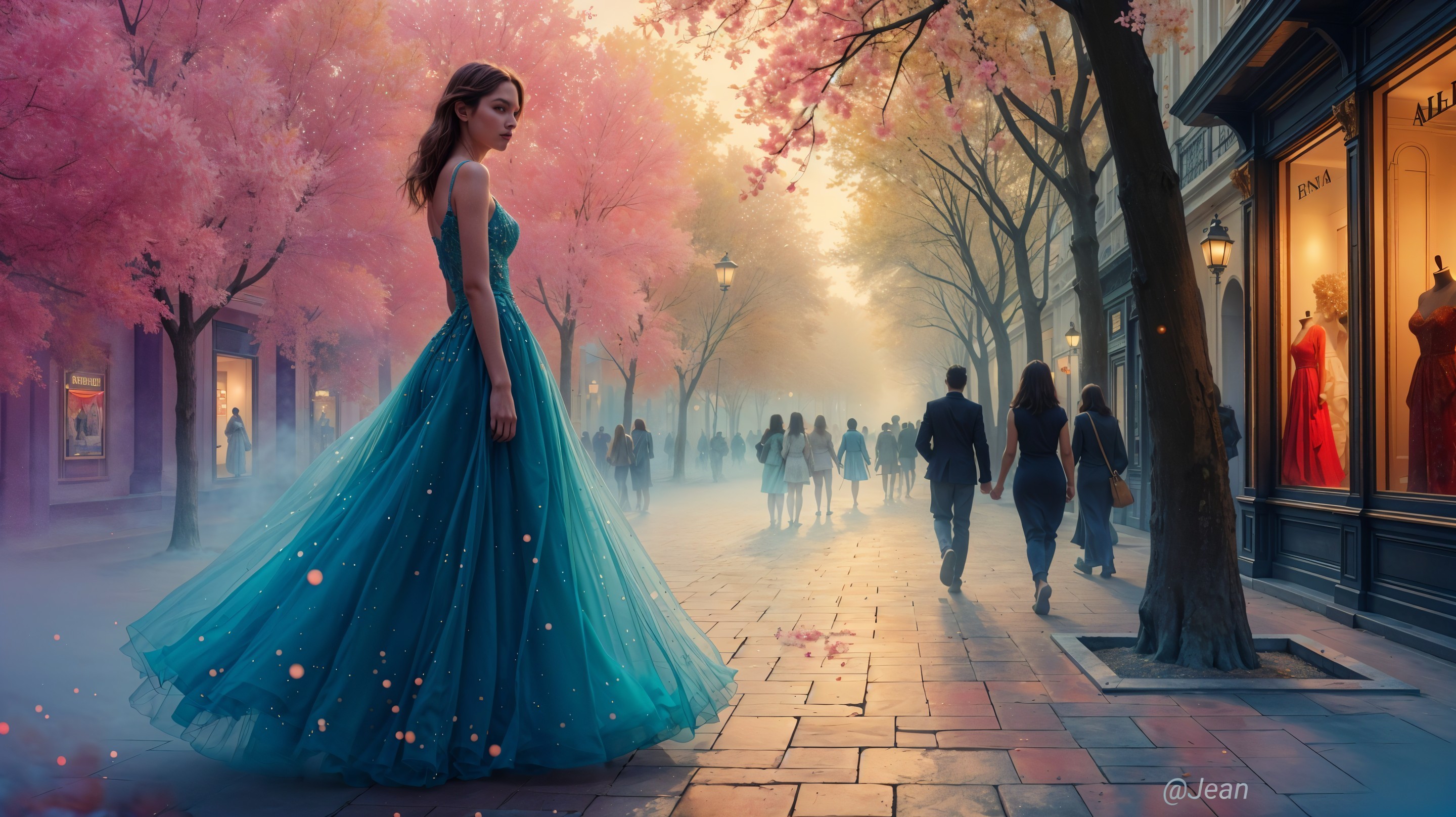 Young woman in turquoise gown among cherry blossoms