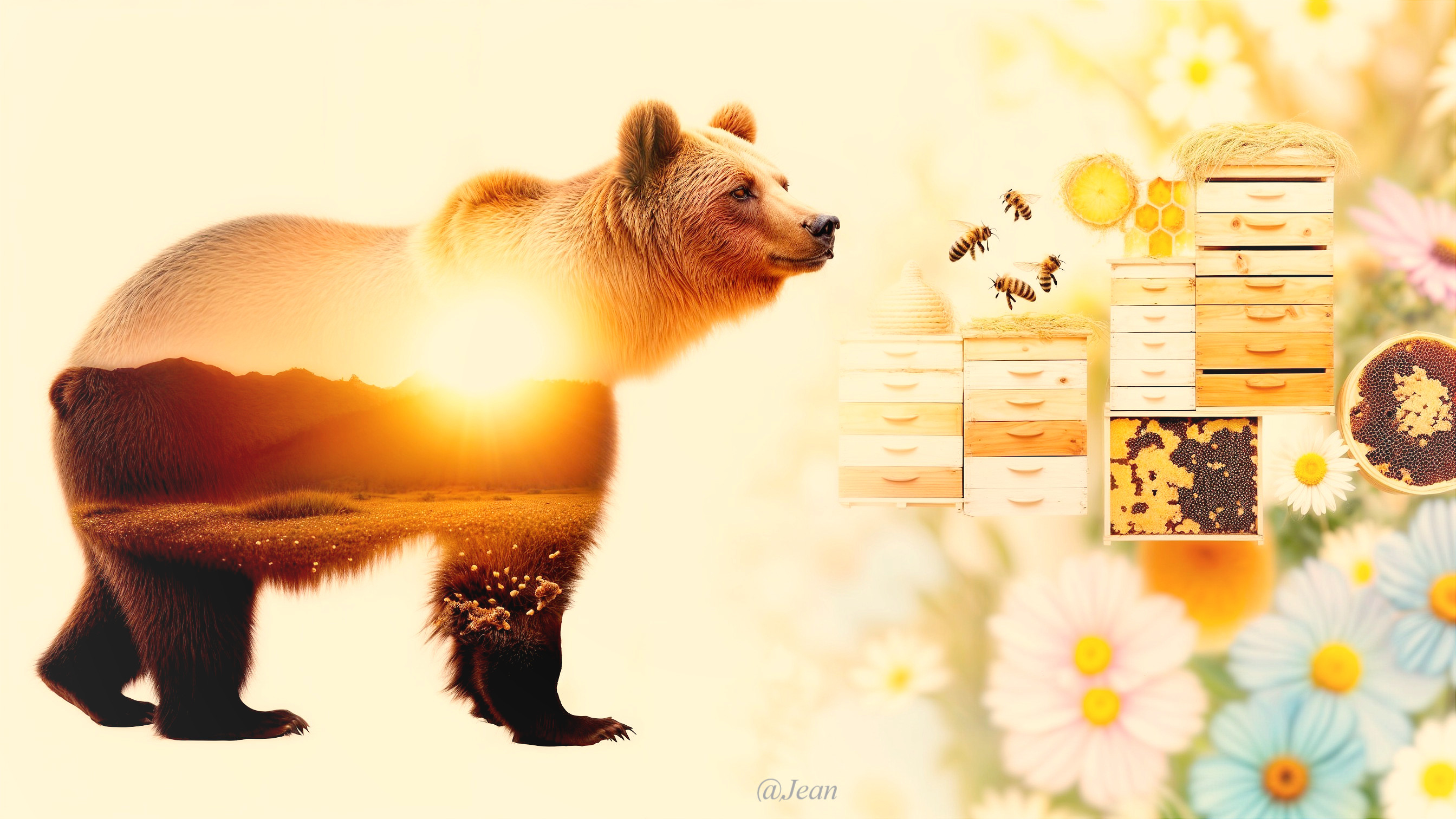 Bear Silhouette with Sunset and Nature Elements