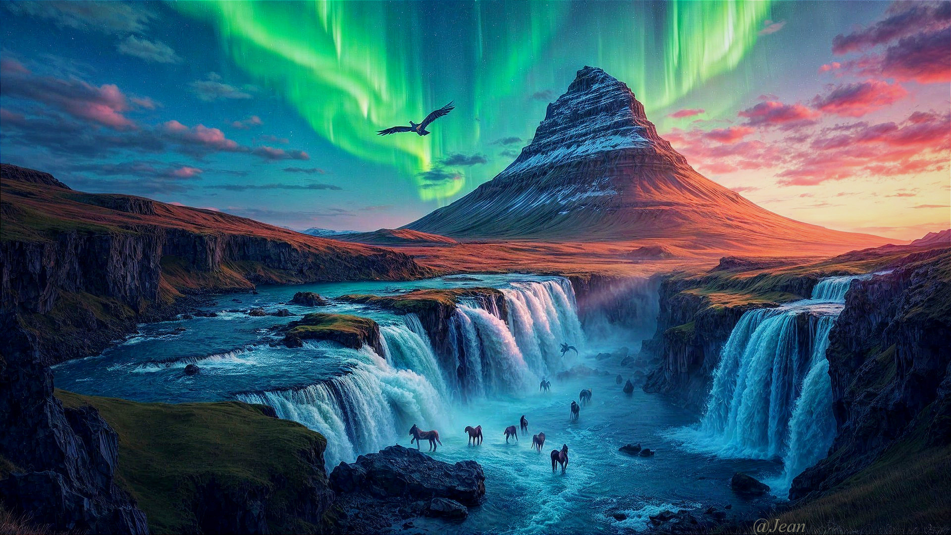 Mountain Landscape with Northern Lights and Dragons