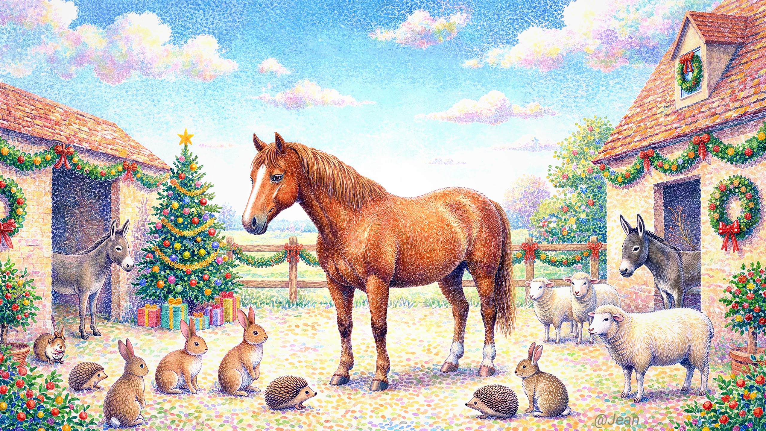 Pointillism Illustration of a Christmas Farm Scene