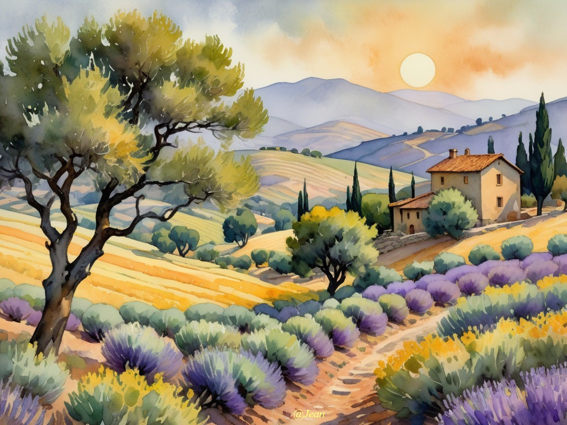 Serene Countryside Scene with Rolling Hills and Lavender