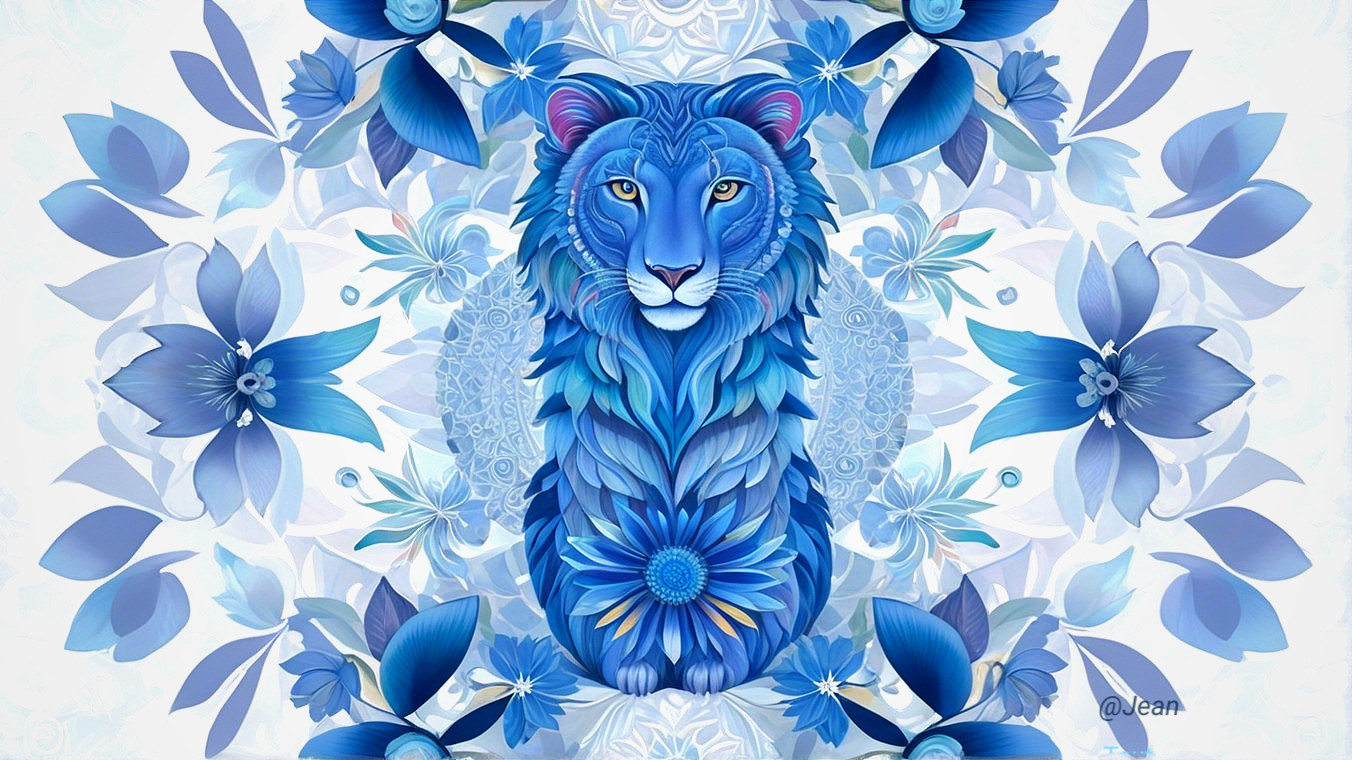 Blue Lion Surrounded by Floral Design Elements