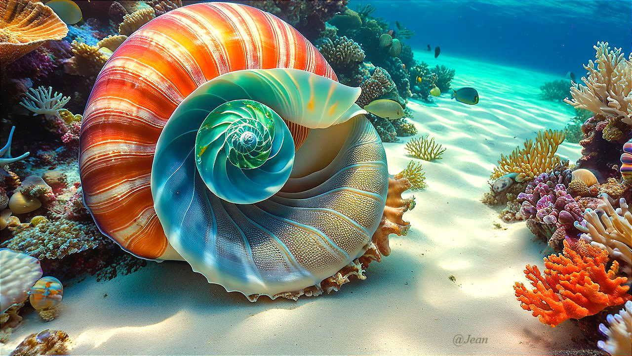 Vibrant Underwater Reef with Nautilus Shell and Corals